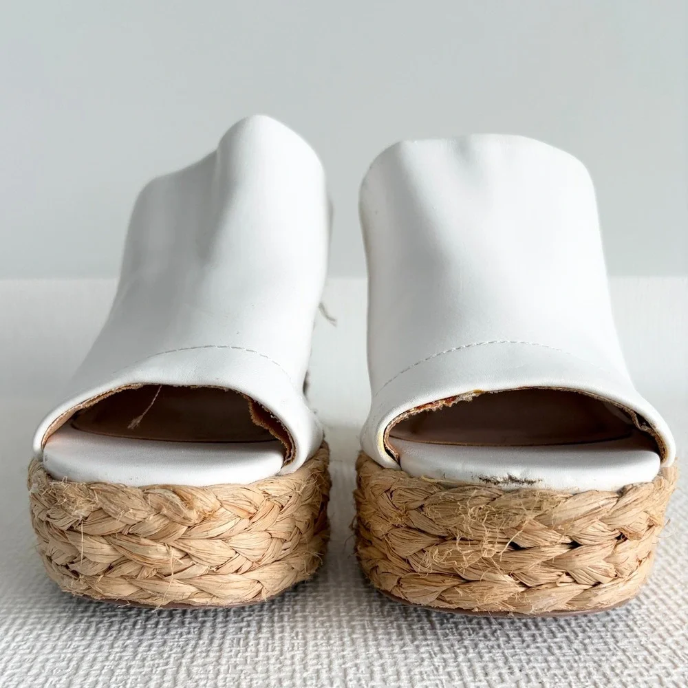 Lulus White Vegan Leather Straw Platform Block Heel Mules Sandals Size 7
